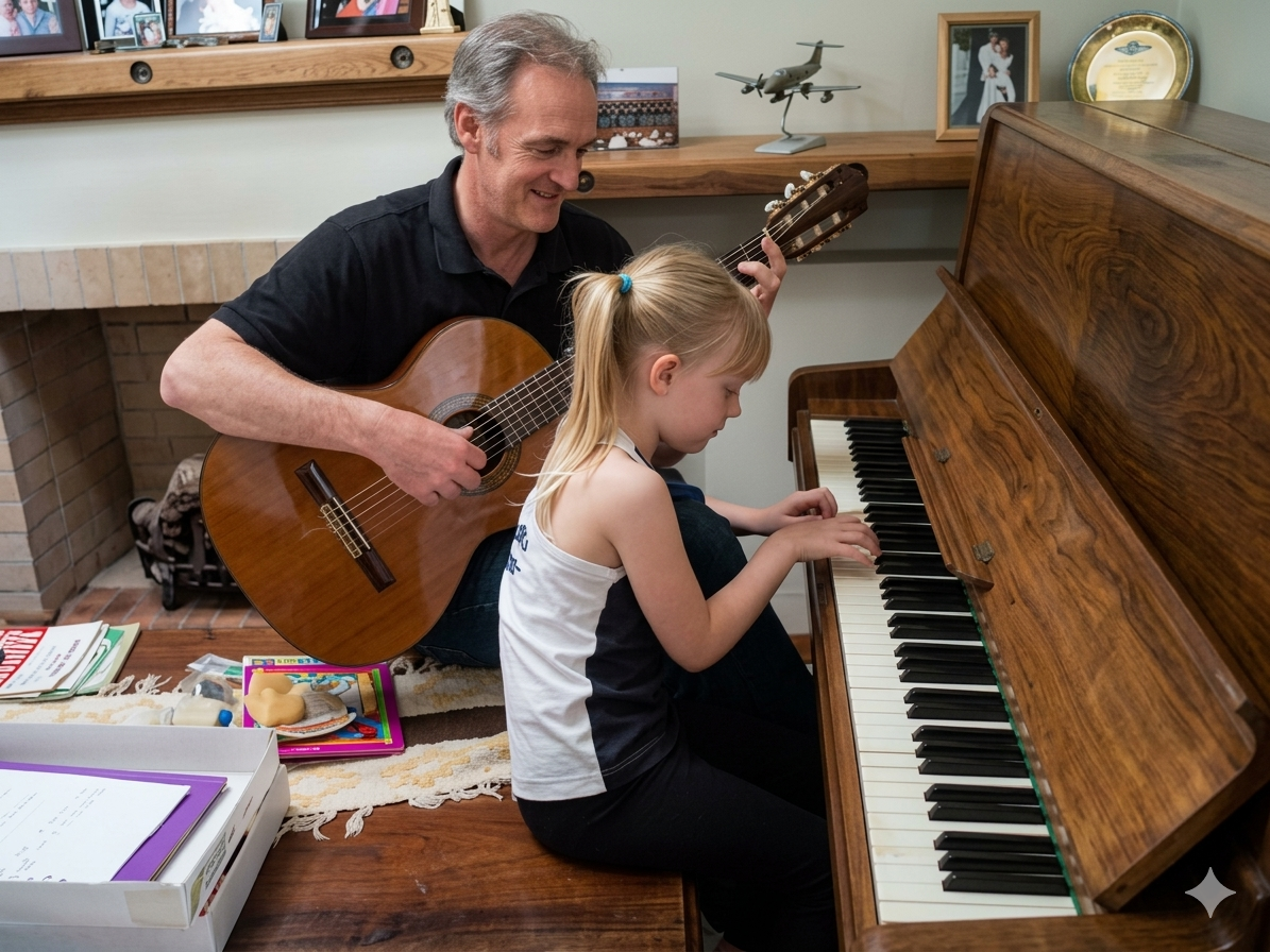 Virginia de chiquita tocando el piano con su papá acompañando en guitarra